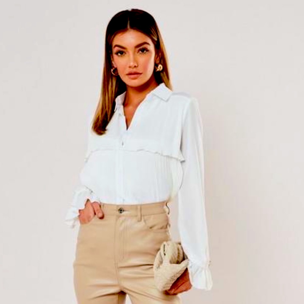 White pleated frill front tunic top - missguided